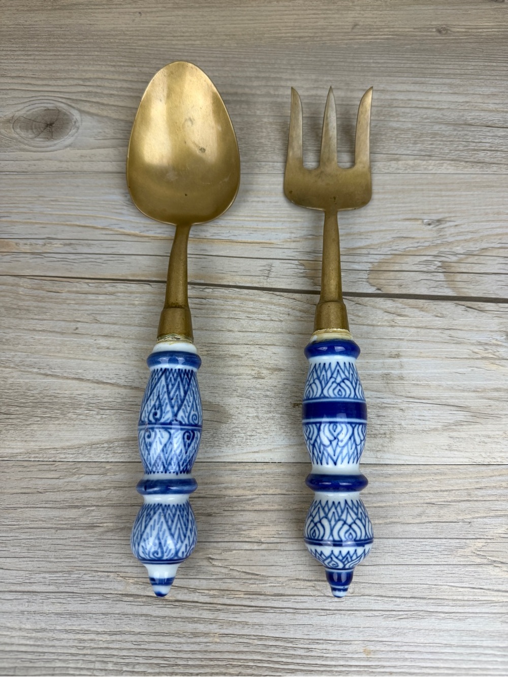Brass Serving Utensils with Hand Painted Porcelain Handles Vintage